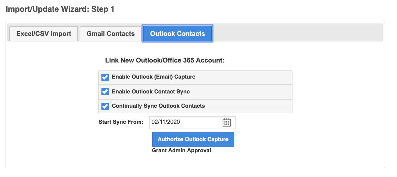 2. Navigate to the "Outlook Contacts" tab at the top, and "check" the settings you'd like to enable.