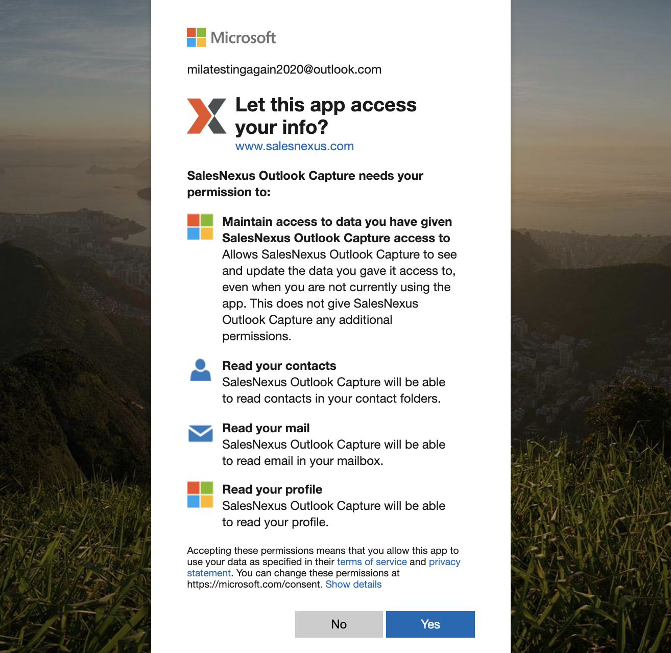 4. Click "Yes" when it asks you to confirm that you want to allow SalesNexus to see and download your contacts, or read mail (if you've authorized email capture).
